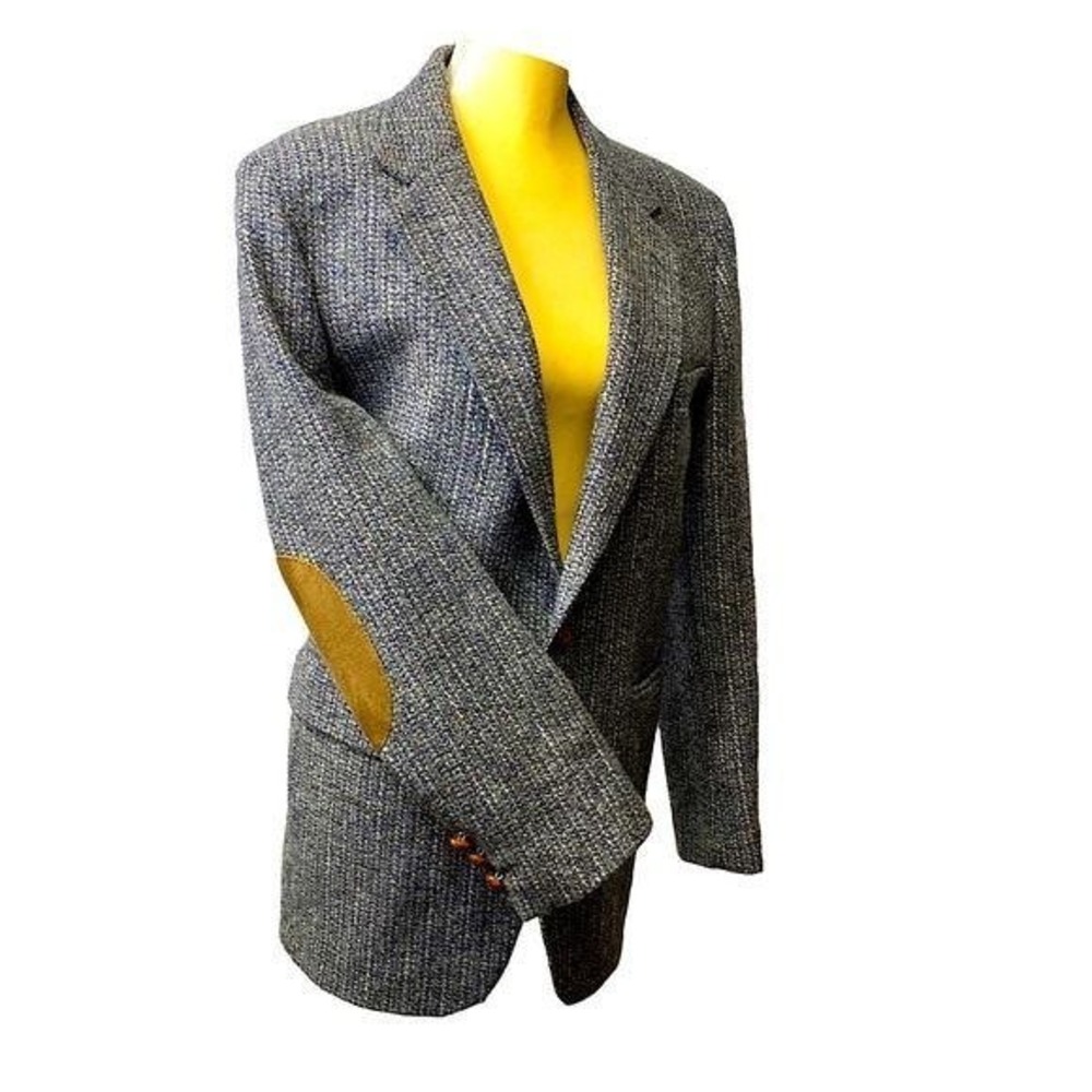 Oakmont Mens Blue Tweed Wool Blazer Suede Elbow Patches Vintage Sport Coat